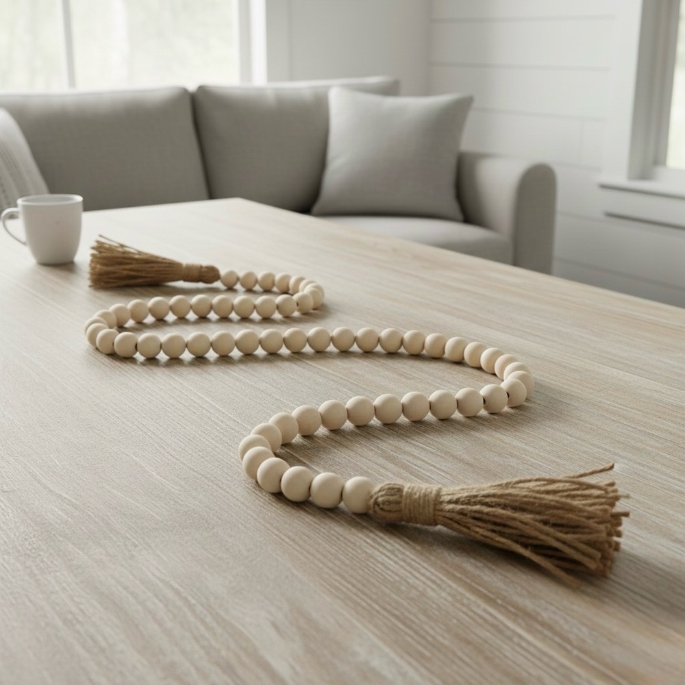 Handmade Wood Bead Garland |  58” Boho Farmhouse Tassel Decor | Gift Ready - Picture 5 of 16